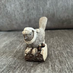 Decorative Winter Bird in Scarf & Hat Perched on Log